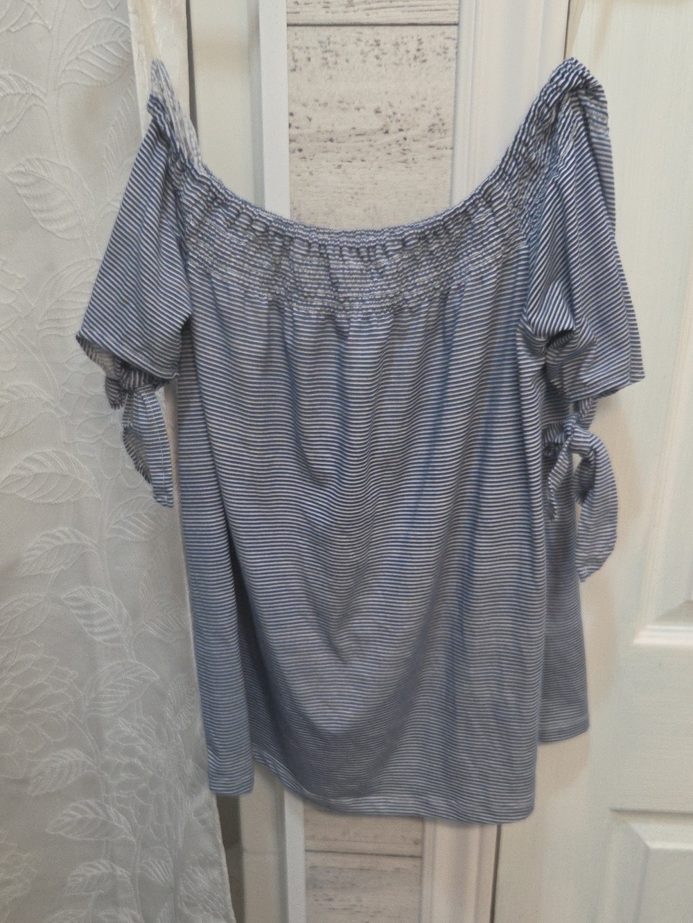 Suzy Shier-Blue and White Striped Off-Shoulder Top